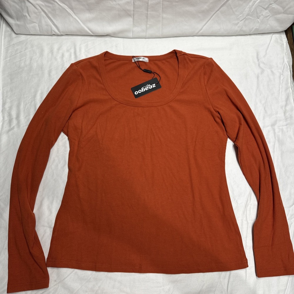 Zeagoo Womens Sz XL Crew Neck Long Sleeve T Shirt Rust Red Ribbed NEW